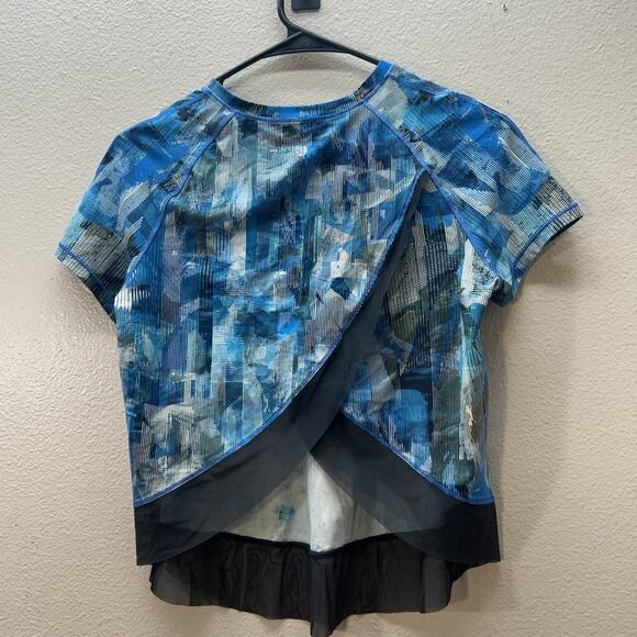 LULULEMON Quick Pace Split Open Back Athletic Top Womens Sz 4 Blue Print Mesh - Picture 4 of 6